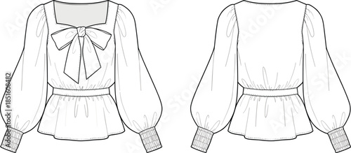 Women blouse technical drawing, front back view fashion flat sketch, long sleeve peplum top with bow detail