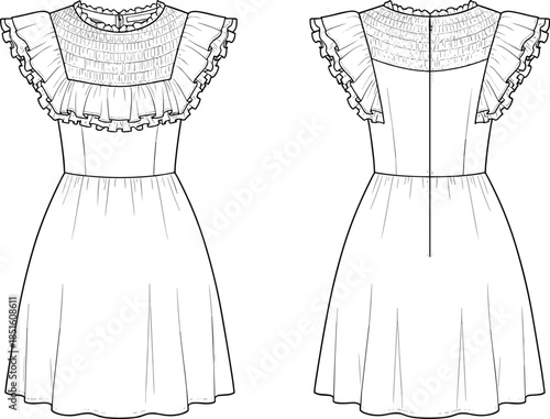 Women ruffle dress technical drawing, front back view fashion flat sketch, smocked bodice flutter sleeve midi dress