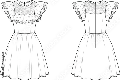Women ruffle dress technical drawing, front back view fashion flat sketch, smocked bodice flutter sleeve midi