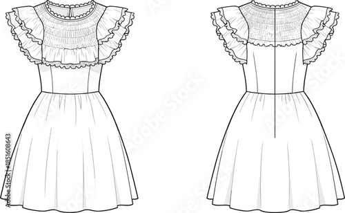 Women ruffle dress technical drawing, front back view fashion flat sketch, smocked neckline flutter sleeve midi