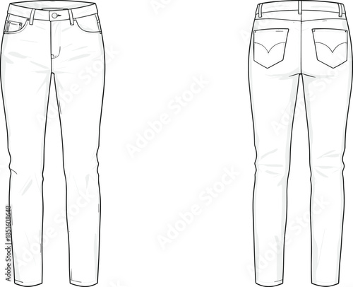 Women skinny jeans technical drawing, front back view fashion flat sketch, slim fit denim pants design