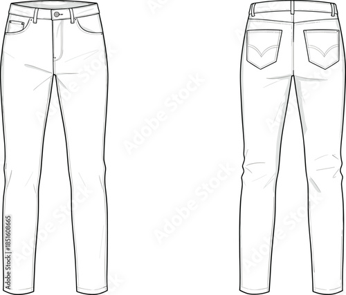 Women skinny jeans technical drawing, front back view fashion flat sketch, slim fit denim pants illustration