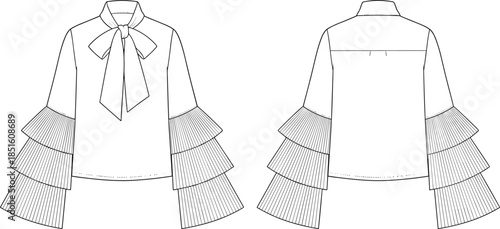 Women blouse technical drawing, front back view fashion flat sketch, layered ruffle bell sleeve bow neck top