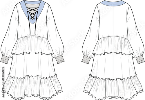 Women's lace up tiered ruffled dress, fashion flat vector illustration, front and back view long sleeve apparel design