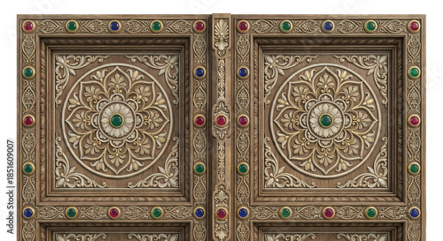 Detailed Wooden Door with Colorful Gemstones and Floral Carvings carved ornate isolated on a transparent background