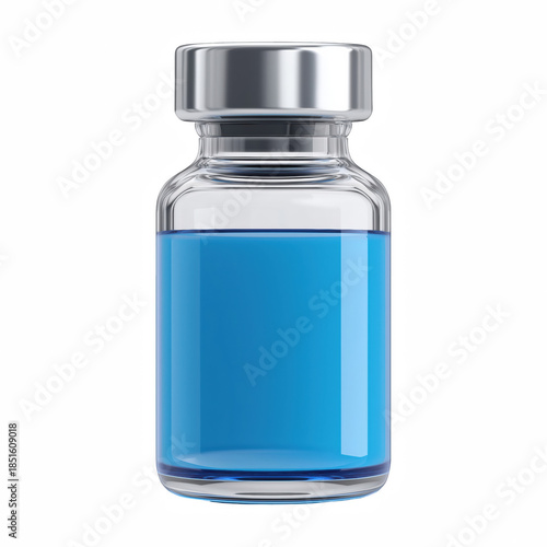 3D cartoon medical vial bottle with blue liquid and silver cap isolated on transparent background.