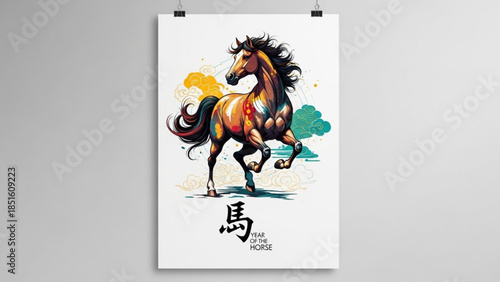 Chinese Zodiac Horse: A vibrant illustration of a horse, symbolizing the year of the horse, displayed on a clean background, ready for decorative or thematic applications.