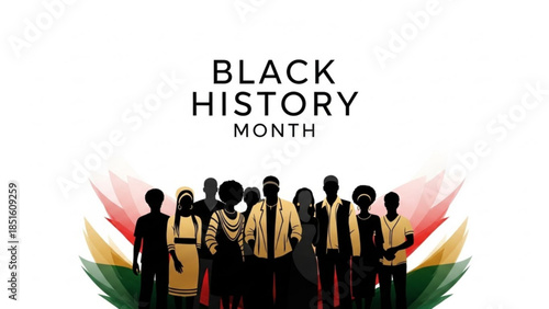 Celebrating Heritage: A group of silhouettes stand united beneath the words Black History Month, symbolizing the strength, and heritage of a community. 