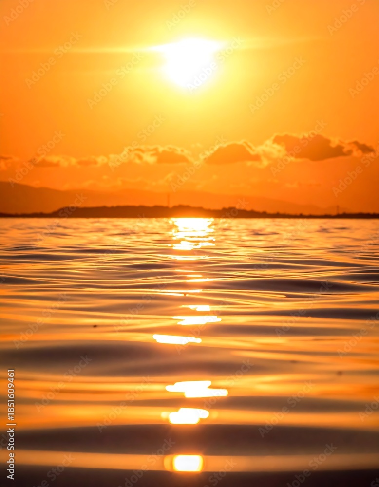 Fototapeta premium Golden sunset reflecting on tranquil water, mountains in the distance