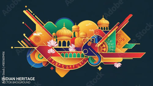Indian Heritage Vector Illustration: A vibrant vector illustration pays homage to India's rich heritage, showcasing iconic architectural elements, colors, and cultural symbols.