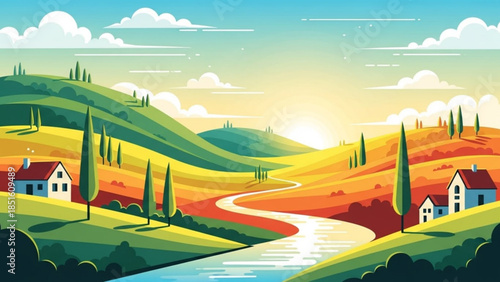 Vibrant Rural Vista: An illustrative idyllic rural landscape unfolds, showcasing rolling green hills, a winding river, and charming houses bathed in warm sunlight.