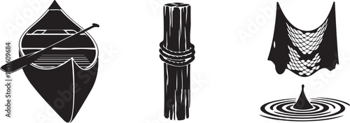 Fishing equipment set featuring a boat silhouette, fishing net, and mooring bollard. Vector icons for maritime industry and traditional fishing.