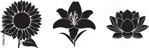 Black silhouette of a floral nature element featuring a flower and butterfly vector illustration for a spring plant design ornament or tattoo art