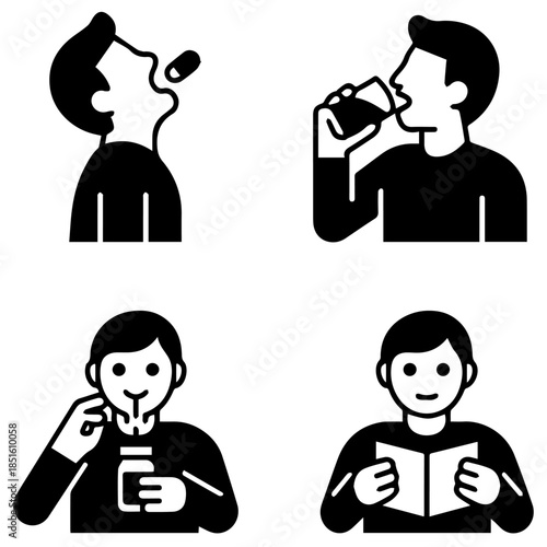 eating a pill icon set,  taking a pill vector set