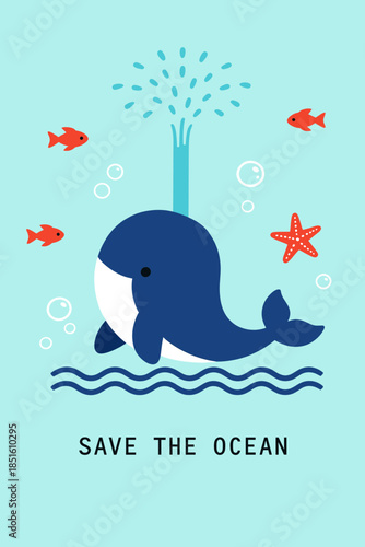 Cute Blue Whale Spouting Water with Starfish and Fish for Save the Ocean Environmental Protection Concept Art