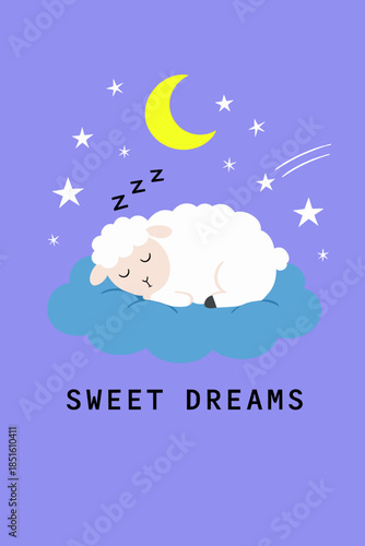 Cute Sleeping Sheep on Cloud with Moon and Stars for Sweet Dreams Bedtime Story and Sleep Wellness Concept