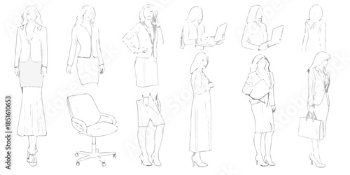 Fashion sketches of women in business attire and office furniture collection