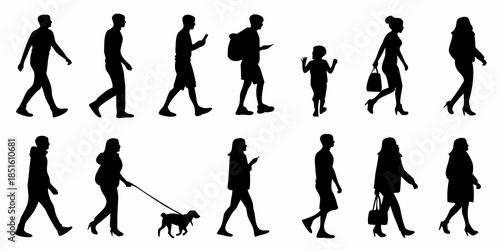 Silhouettes of people walking and interacting in various everyday poses