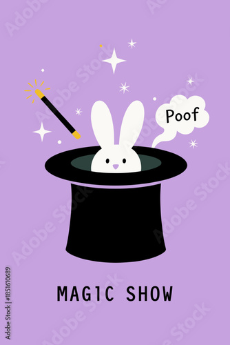 Cute White Rabbit in Black Magician Hat with Magic Wand and Poof Text, Whimsical Illusionist Show Vector Illustration