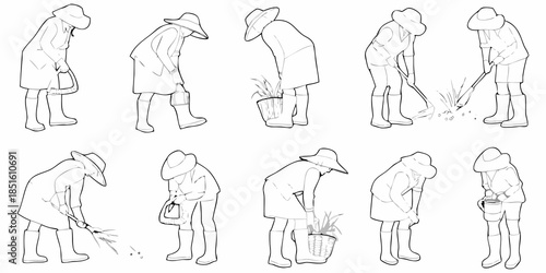 Line art illustrations of people gardening with hats and tools