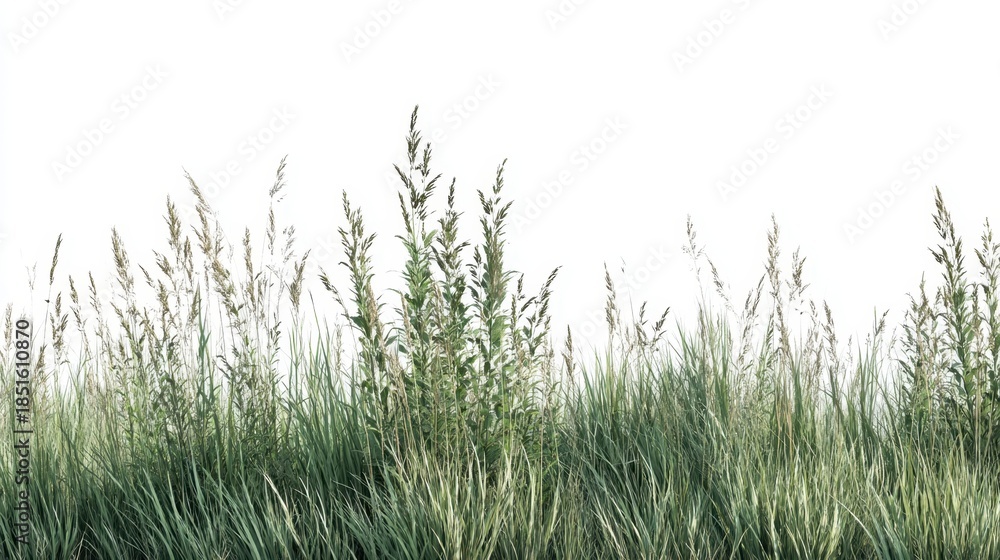 Fototapeta premium Tall green grass stands upright in a wide open space under a bright sky. No other plants or buildings are visible creating a simple outdoor scene.