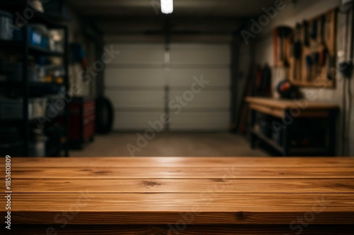 wooden top table with blurry background garage