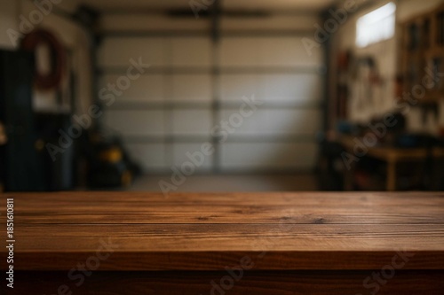 wooden top table with blurry background garage