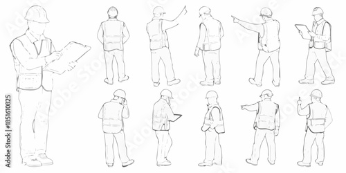 Line art illustration of construction workers in various poses and activities