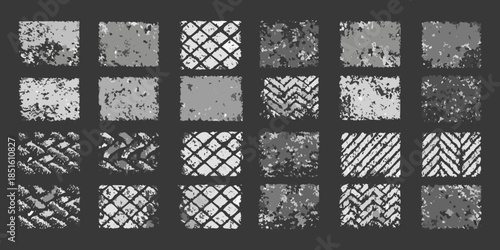 Abstract collection of grayscale textures and patterns arranged in a grid format