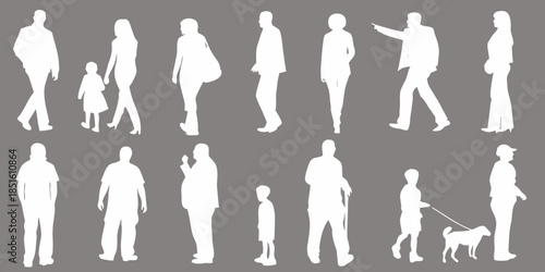 A collection of diverse white silhouettes depicting people and a pet dog