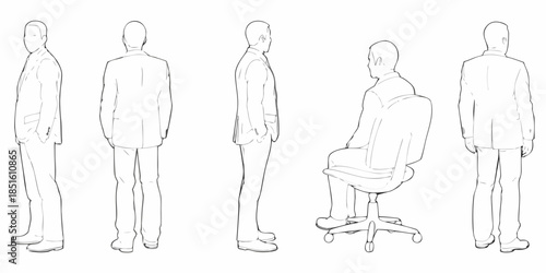 Line art illustration of men in suits and an office chair