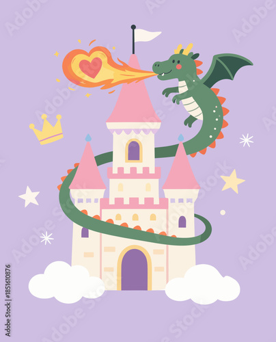 Magical Green Dragon Breathing Heart Fire Around Pink Castle, Whimsical Fairy Tale Concept with Stars and Clouds Art