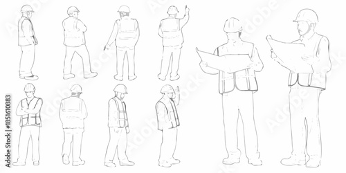 Line art illustration of construction workers in various poses and uniforms