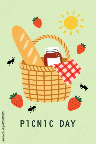Picnic Day Basket with Baguette Jam and Strawberries under the Sun, Outdoor Summer Leisure and Ants Concept Illustration