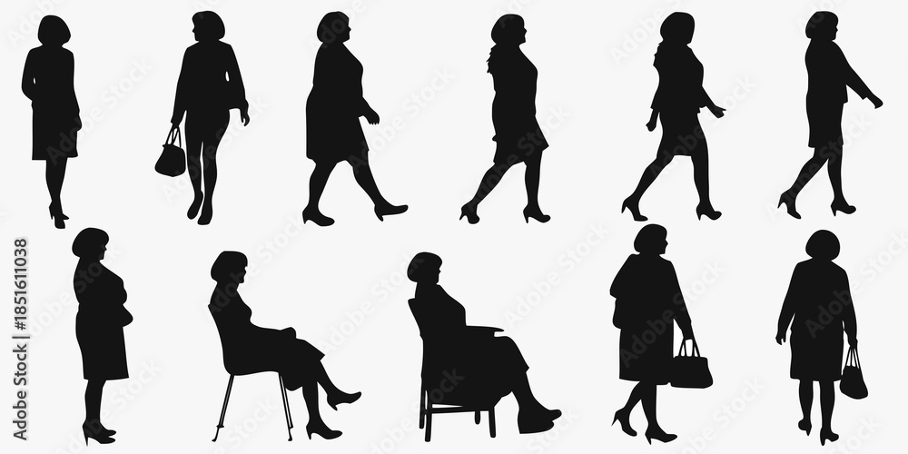 Fototapeta premium Silhouettes of women in various poses and formal attire a collection