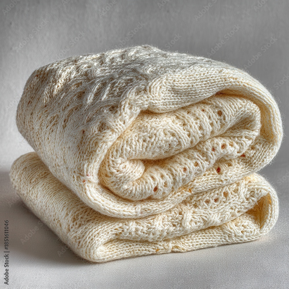 Obraz premium A cream colored knitted blanket with a delicate lace pattern, folded neatly on a textured surface. Studio lighting.