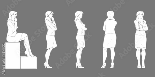 Fashion illustration of a woman in a suit displayed in various poses and angles