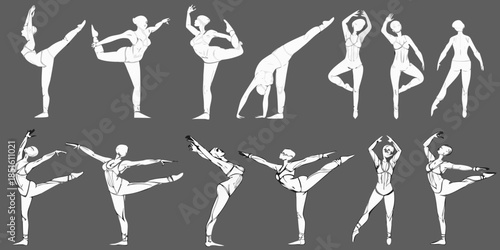 Dynamic yoga poses illustrated a series of stylized human figures in motion