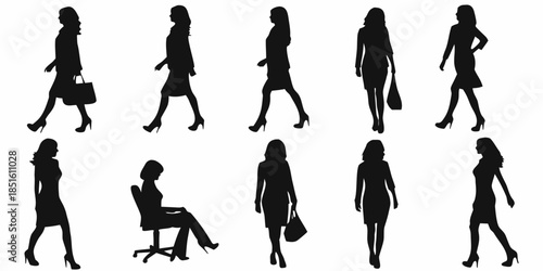 Silhouettes of women in various poses and fashionable attire are displayed