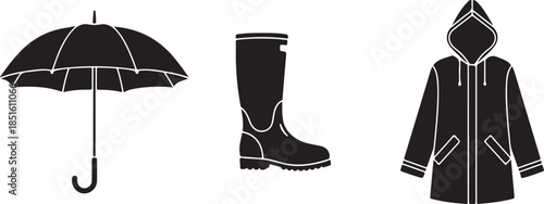 Vector illustration of a black umbrella with a pair of rubber boots isolated on a white background for rain autumn fashion and gardening