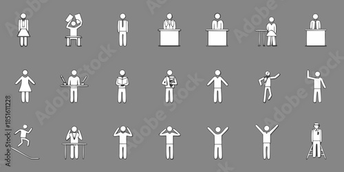 Diverse stick figure icons depict various human activities and poses