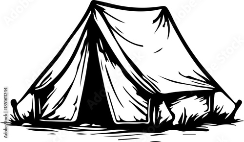 Sketch Vector Illustration of Dome Camping Tent on Grassy Ground Outdoor