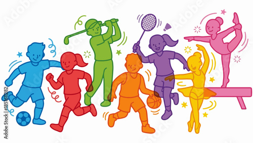 Colorful Cartoon Sports Silhouettes Illustration, cartoon sports silhouettes, colorful athlete characters, active lifestyle design, fitness cartoon art, soccer running basketball illustration,