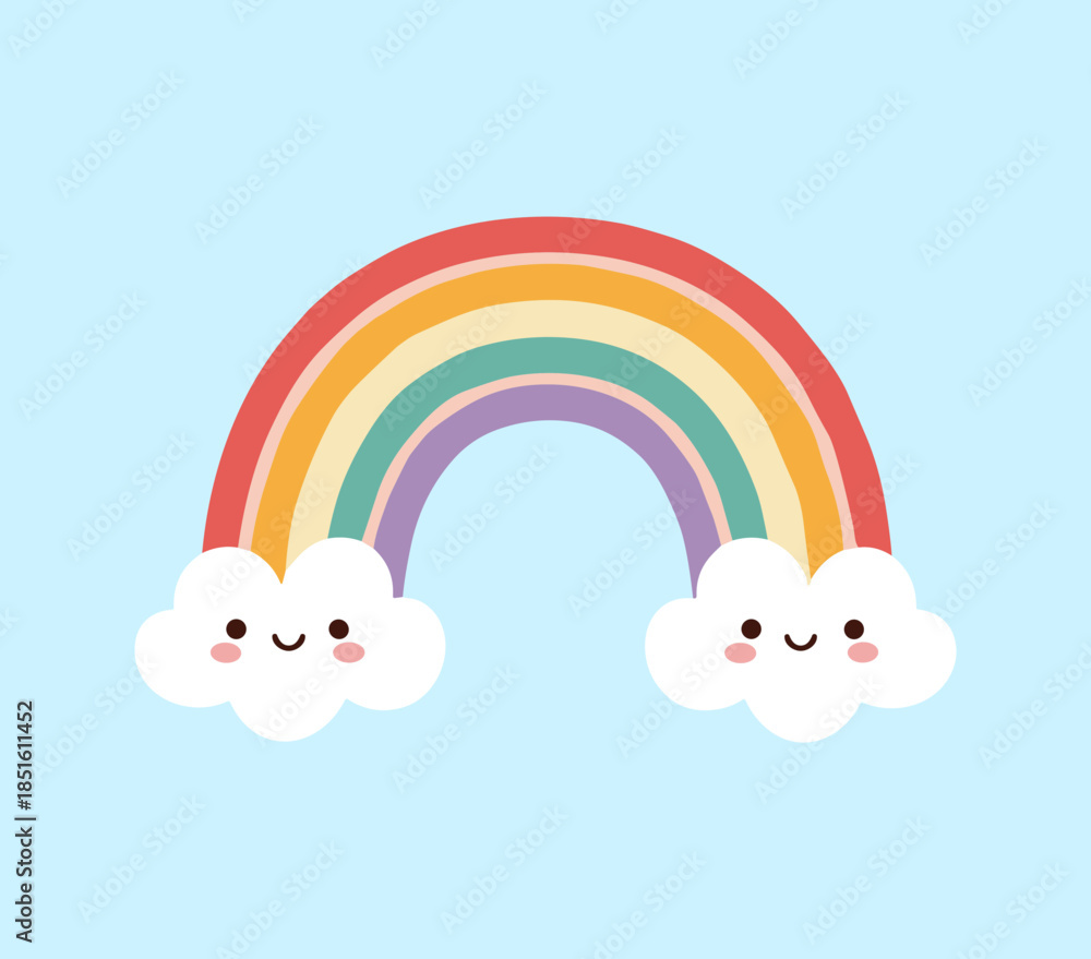 Fototapeta premium Colorful rainbow between two cute smiling clouds with rosy cheeks, flat vector illustration for kids room decor and nursery art