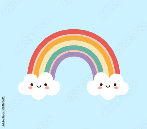 Colorful rainbow between two cute smiling clouds with rosy cheeks, flat vector illustration for kids room decor and nursery art