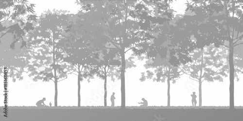 Silhouetted trees and figures against a bright hazy sky