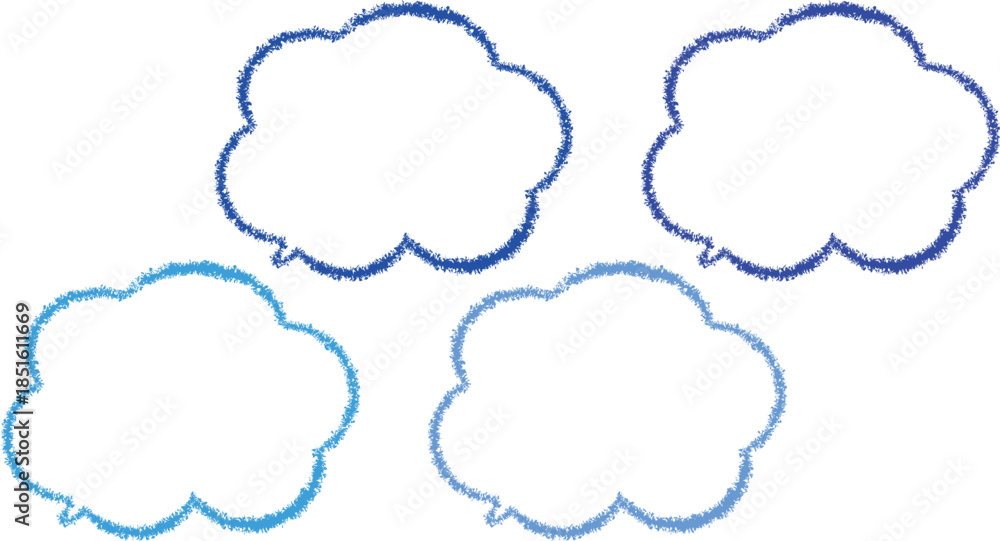 Fototapeta premium 青系のクレヨンで描いた吹き出しセット。雲の形をしたかわいい手描き風のふきだし。青系の異なる色が4色ある。