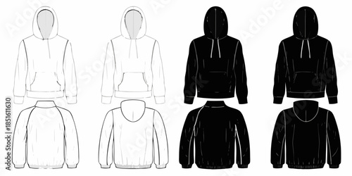 Fashion technical sketch illustration of four hooded sweatshirts in varying colors
