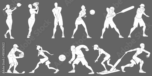Sequence of athletic figures depicting various stages of movement and sports actions