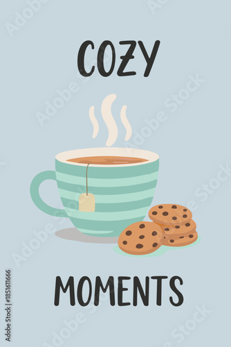 Cozy Moments Concept with Steaming Tea Cup and Chocolate Chip Cookies Illustration for Relaxation and Hygge Lifestyle